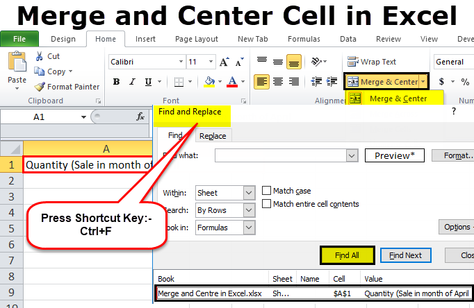 merge and center in excel shortcut key