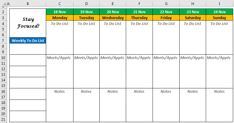 excel calendar template weekly