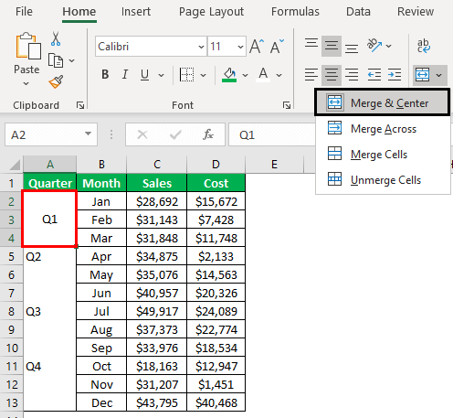 shortcut for merge and center in excel
