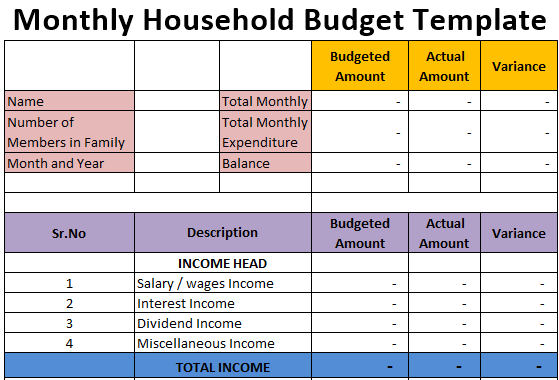 monthly household budget template excel