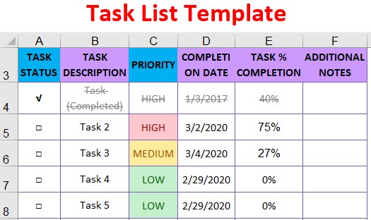 excel template task list