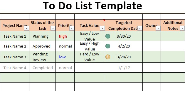 excel template task list
